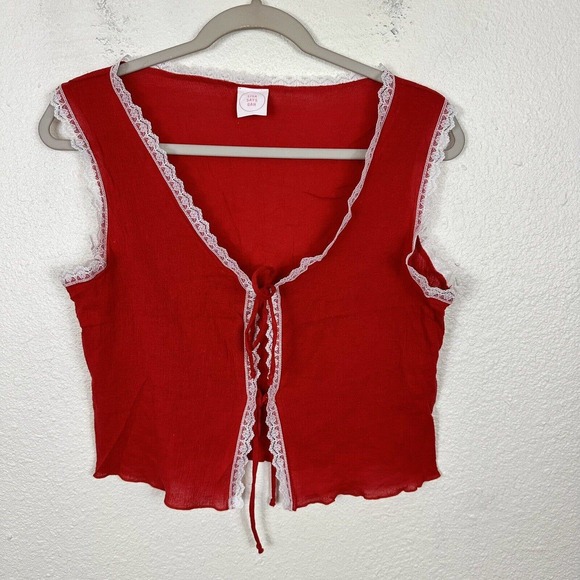 Lisa Says Gah Tops - Lisa Says Gah Red Lace Tie Front Pajama Top Small Y2K Boho Dainty